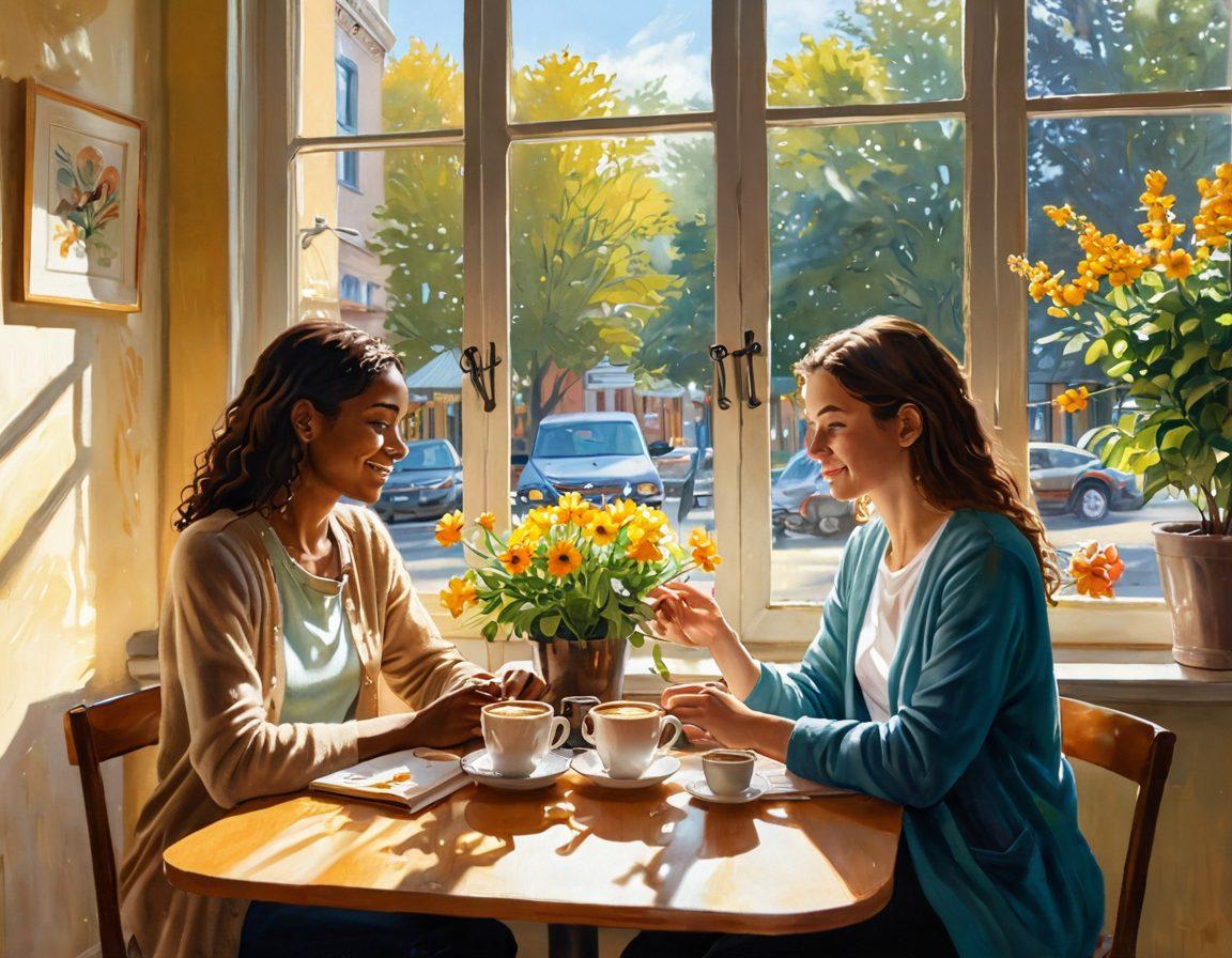 A warm and cozy scene featuring two diverse individuals sharing a heartfelt conversation over coffee in a sunlit café, surrounded by elements symbolizing connection such as intertwined hands, heart shapes, and books about relationships. The background should be a soft blur of gently blooming flowers, with rays of sunlight filtering through the window, creating an inviting atmosphere. painting. vibrant colors.