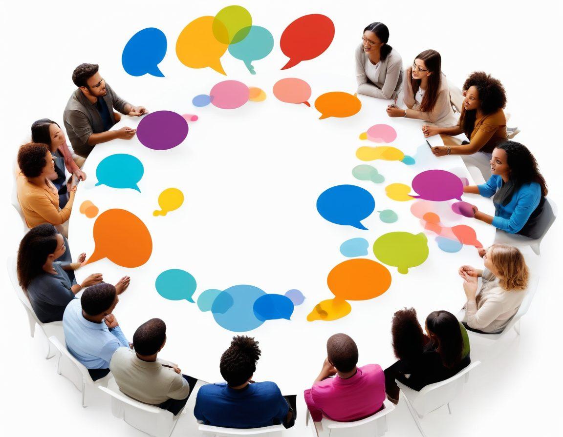 A diverse group of people engaged in a circle, sharing ideas and listening attentively, with colorful speech bubbles illustrating their conversations. The background features interconnected gears symbolizing partnership and collaboration. Warm, inviting colors that evoke a sense of community and support. super-realistic. vibrant colors. white background.