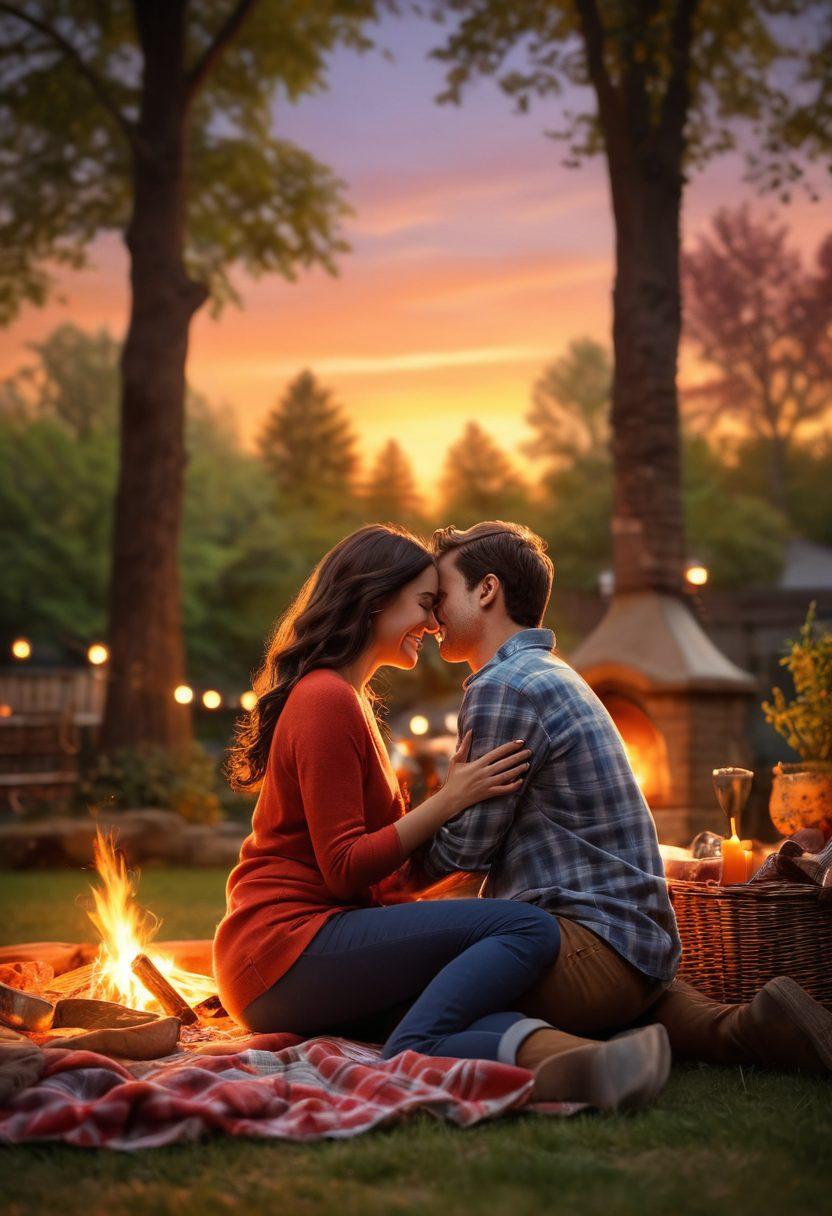 A warm, inviting scene depicting diverse couples sharing intimate moments - laughter at a sunset picnic, a cozy embrace by a fireplace, and hands entwined in a park. The background features soft, blurred lights symbolizing connection and joy, surrounded by nature. Highlight emotions of love and friendship in a harmonious blend. super-realistic. vibrant colors. soft focus.